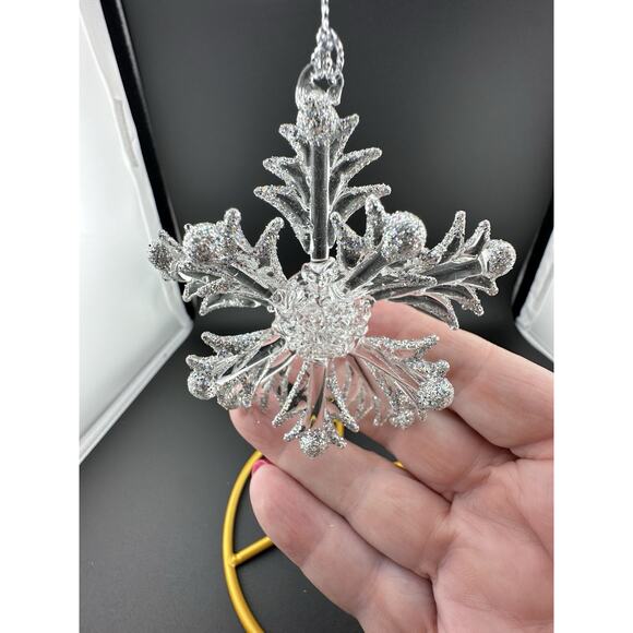 Vintage Hand Spun Glass 3D Snowflake Silver Accents Ornament 3" Original Box - Picture 4 of 9